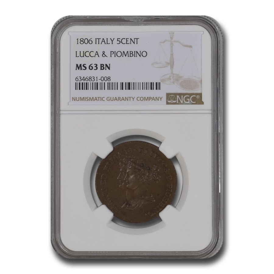 1806 Italy 5 Centesimi Lucca & Piombino MS-63 NGC (Brown)