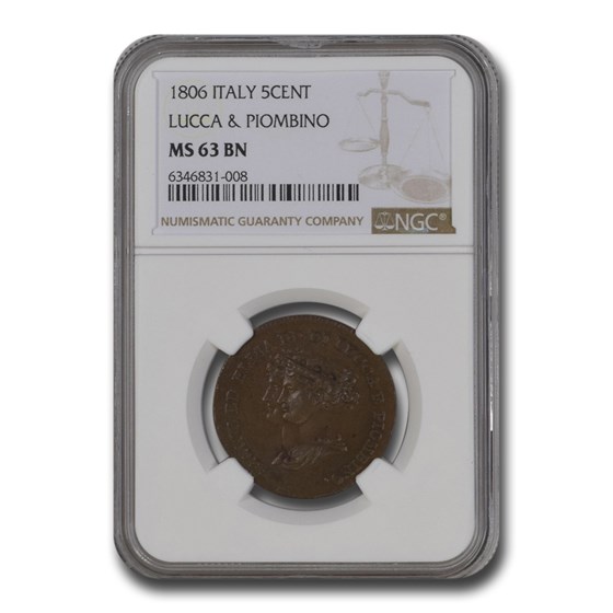 1806 Italy 5 Centesimi Lucca & Piombino MS-63 NGC (Brown) 1806 Italy 5 Centesimi Lucca & Piombino MS-63 NGC (Brown)