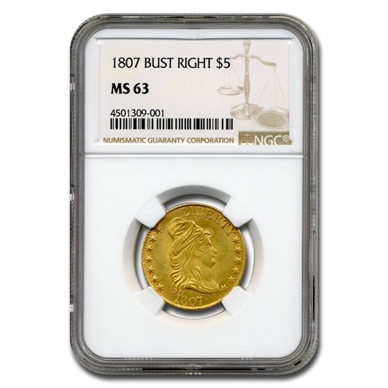 1807 $5 Capped Bust Gold Half Eagle MS-63 NGC (Bust Right) 1807 $5 Capped Bust Gold Half Eagle MS-63 NGC (Bust Right)