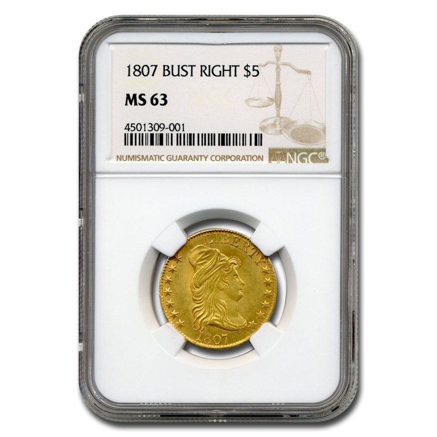 1807 $5 Capped Bust Gold Half Eagle MS-63 NGC (Bust Right)