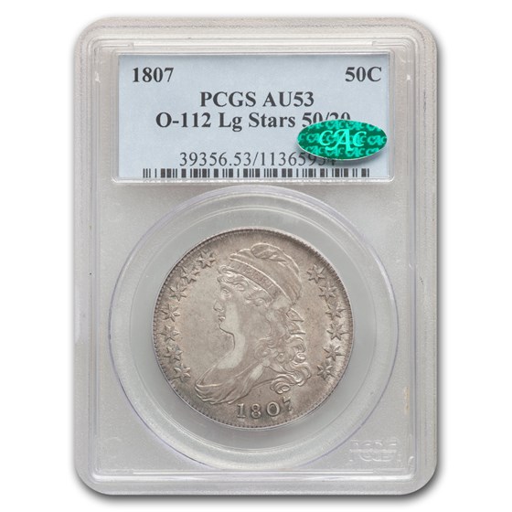 1807 Bust Half Dollar AU-53 PCGS CAC (O-112, 50/20, Lg Stars)