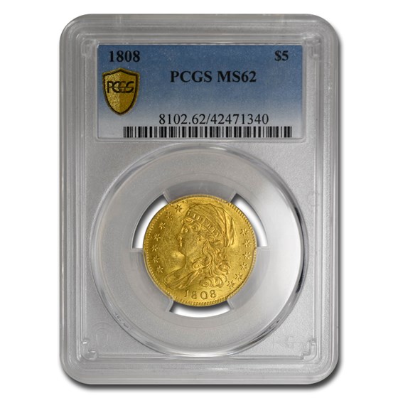 1808 $5 Capped Bust Gold Half Eagle MS-62 PCGS 1808 $5 Capped Bust Gold Half Eagle MS-62 PCGS
