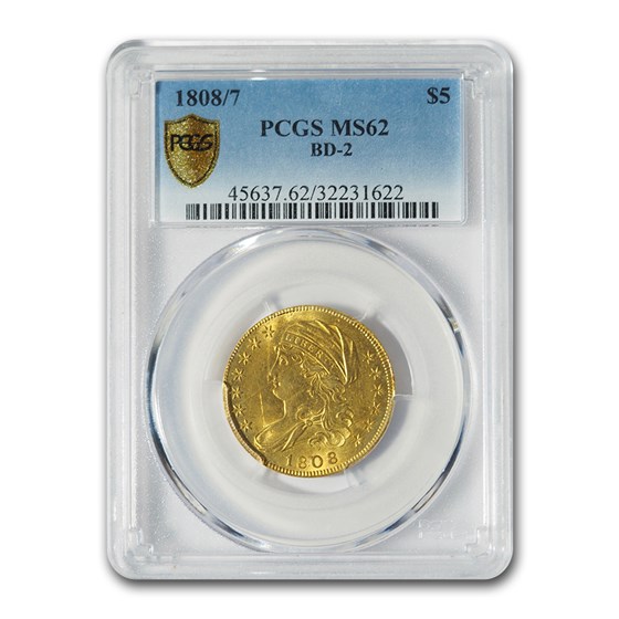 1808/7 $5 Capped Bust Gold Half Eagle MS-62 PCGS (BD-2) 1808/7 $5 Capped Bust Gold Half Eagle MS-62 PCGS (BD-2)