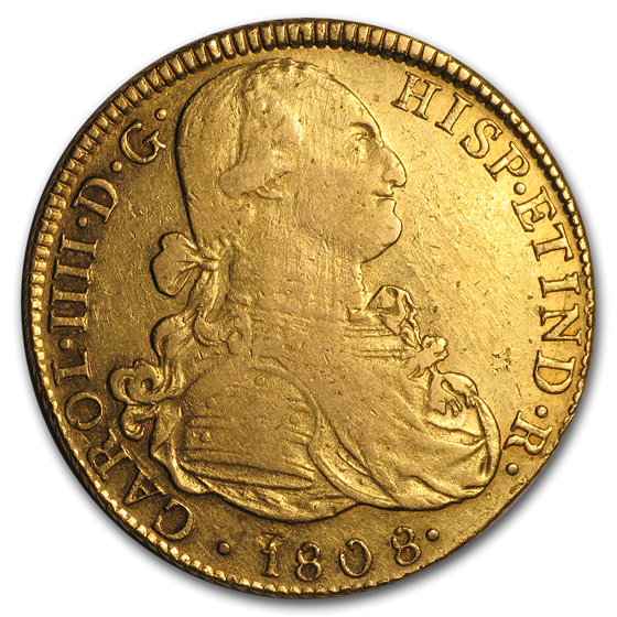 1808 ME-JP Columbia Gold 8 Escudos Charles IV XF (Strikethrough) 1808 ME-JP Columbia Gold 8 Escudos Charles IV XF (Strikethrough)