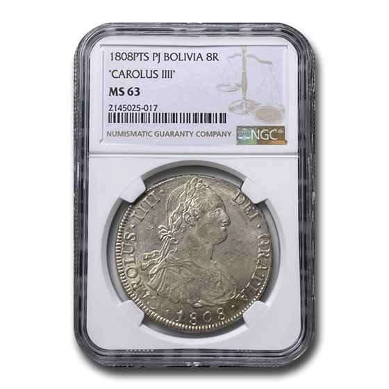 1808-P Bolivia Silver 8 Reales Charles III MS-63 NGC 1808-P Bolivia Silver 8 Reales Charles III MS-63 NGC