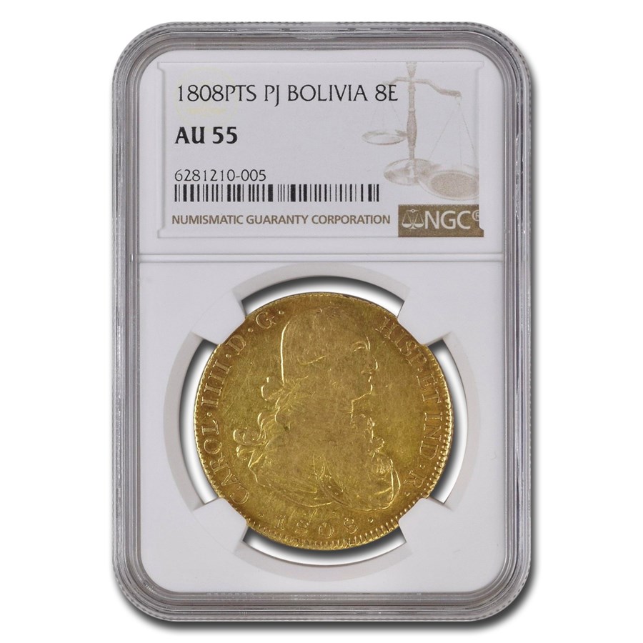 1808-PTS Bolivia Gold 8 Escudos Charles IIII AU-55 NGC