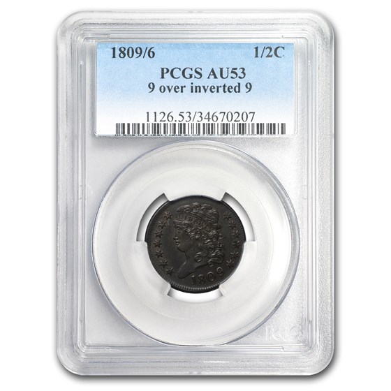 1809/6 Half Cent 9 Over Inverted 9 AU-53 PCGS (Brown) 1809/6 Half Cent 9 Over Inverted 9 AU-53 PCGS (Brown)