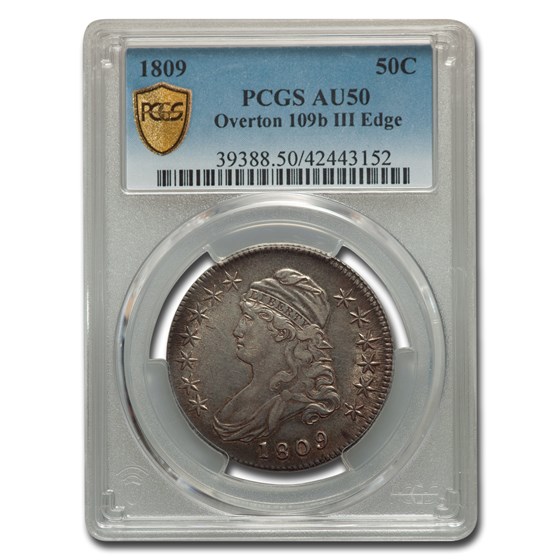 1809 Capped Bust Half Dollar AU-50 PCGS (Overton 109b III Edge) 1809 Capped Bust Half Dollar AU-50 PCGS (Overton 109b III Edge)
