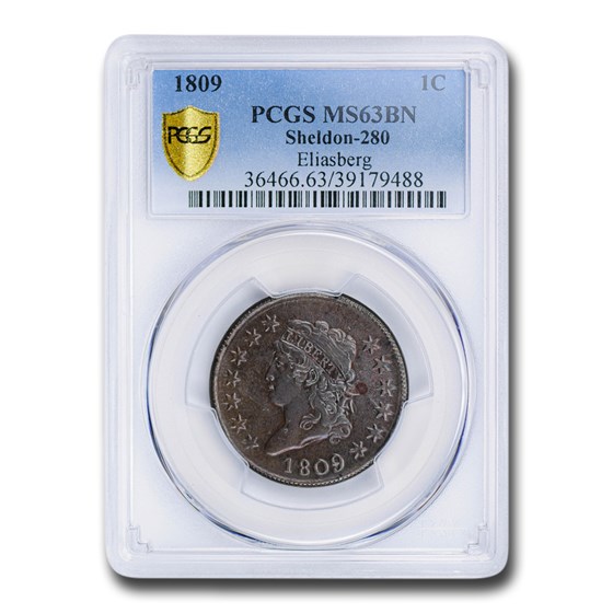 1809 Large Cent MS-63 PCGS (Brown, Sheldon-280) 1809 Large Cent MS-63 PCGS (Brown, Sheldon-280)