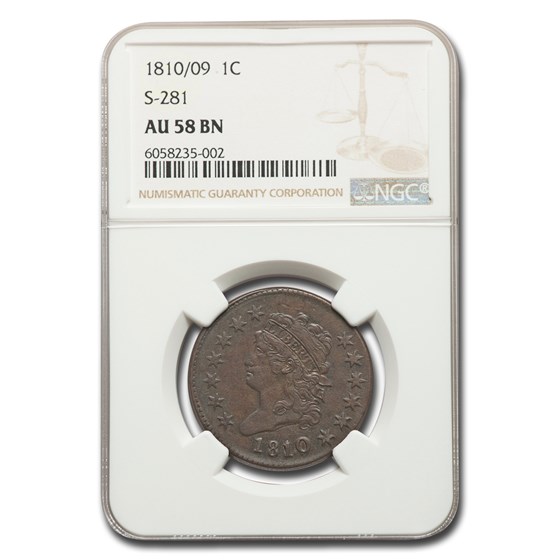 1810/09 Large Cent AU-58 NGC (Brown, S-281) 1810/09 Large Cent AU-58 NGC (Brown, S-281)