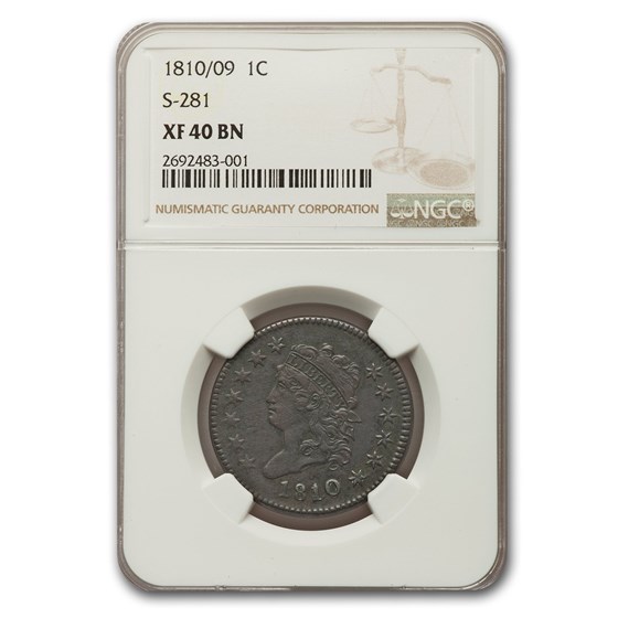 1810/09 Large Cent Fine XF-40 NGC (Brown, S-281) 1810/09 Large Cent Fine XF-40 NGC (Brown, S-281)