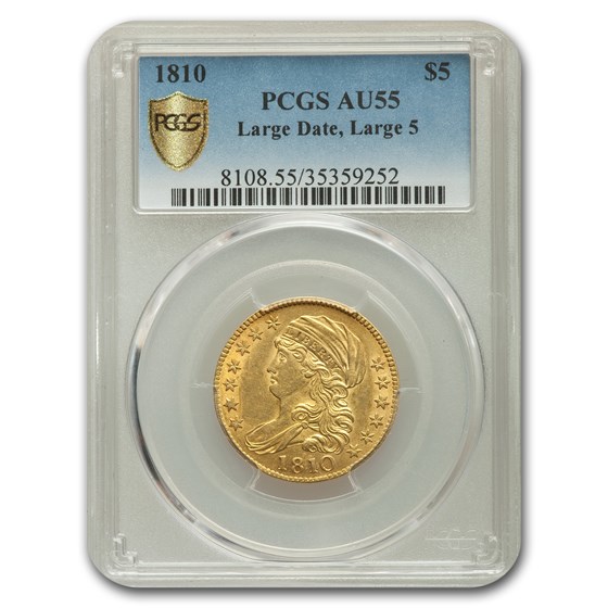 1810 Capped Bust $5 Gold Half Eagle AU-55 PCGS (Lg. Date, Lg. 5) 1810 Capped Bust $5 Gold Half Eagle AU-55 PCGS (Lg. Date, Lg. 5)