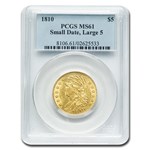 1810 Capped Bust $5 Gold Half Eagle MS-61 PCGS (Sm. Date, Lg. 5)