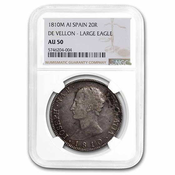 1810-M Spain Silver 20 Reales Joseph Napoleon AU-50 NGC 1810-M Spain Silver 20 Reales Joseph Napoleon AU-50 NGC