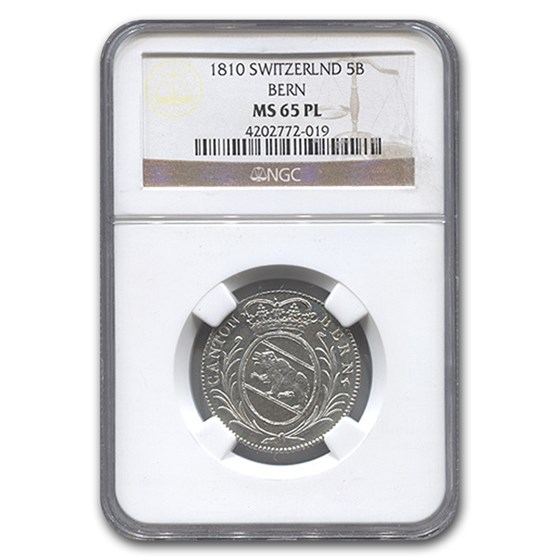 1810 Switzerland Silver 5 Batzen MS-65 NGC (PL) 1810 Switzerland Silver 5 Batzen MS-65 NGC (PL)