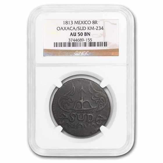 1813 Mexico Oaxaca Copper 8 Reales AU-50 NGC (Brown) 1813 Mexico Oaxaca Copper 8 Reales AU-50 NGC (Brown)