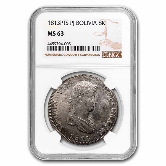 1813-PTS PJ Bolivia Silver 8 Reales Ferdinand VII MS-63 NGC 1813-PTS PJ Bolivia Silver 8 Reales Ferdinand VII MS-63 NGC