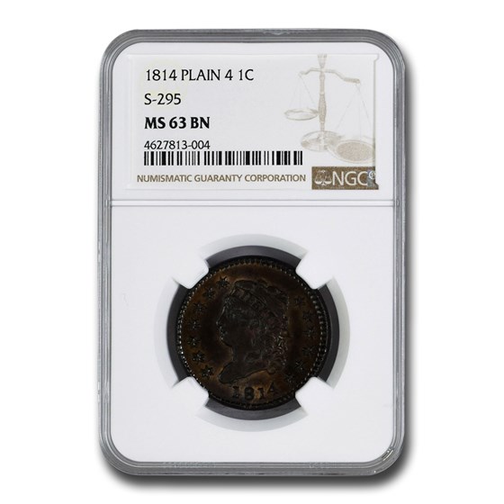 1814 Large Cent MS-63 NGC (Plain 4 S-295, Brown) 1814 Large Cent MS-63 NGC (Plain 4 S-295, Brown)
