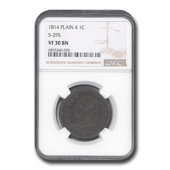 1814 Large Cent VF-30 NGC (Brown, Plain 4 S-295) 1814 Large Cent VF-30 NGC (Brown, Plain 4 S-295)