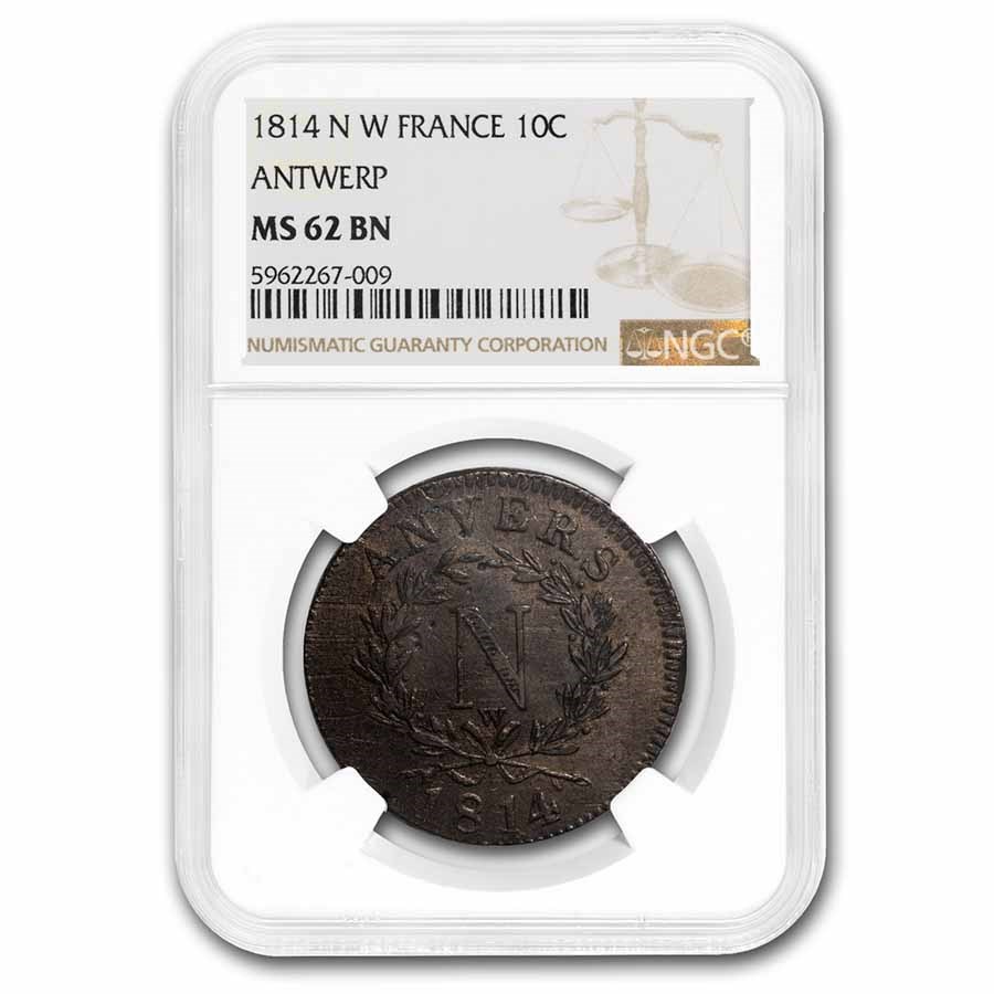 1814-N W France Antwerp Copper 10 Cent MS-62 NGC (Brown)