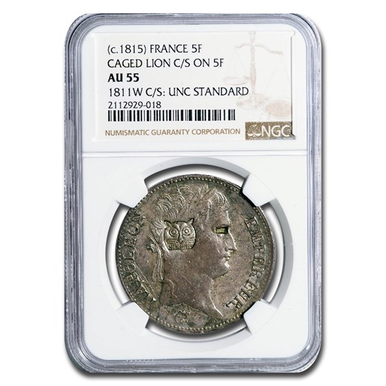 1815 France Silver 5 Francs Napoleon I AU-55 NGC (Caged Lion C/S) 1815 France Silver 5 Francs Napoleon I AU-55 NGC (Caged Lion C/S)