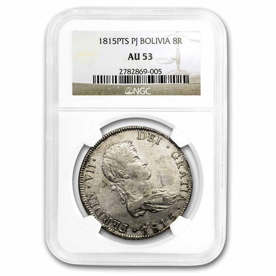 1815-PTS PJ Bolivia Silver 8 Reales Ferdinand VII AU-53 NGC 1815-PTS PJ Bolivia Silver 8 Reales Ferdinand VII AU-53 NGC