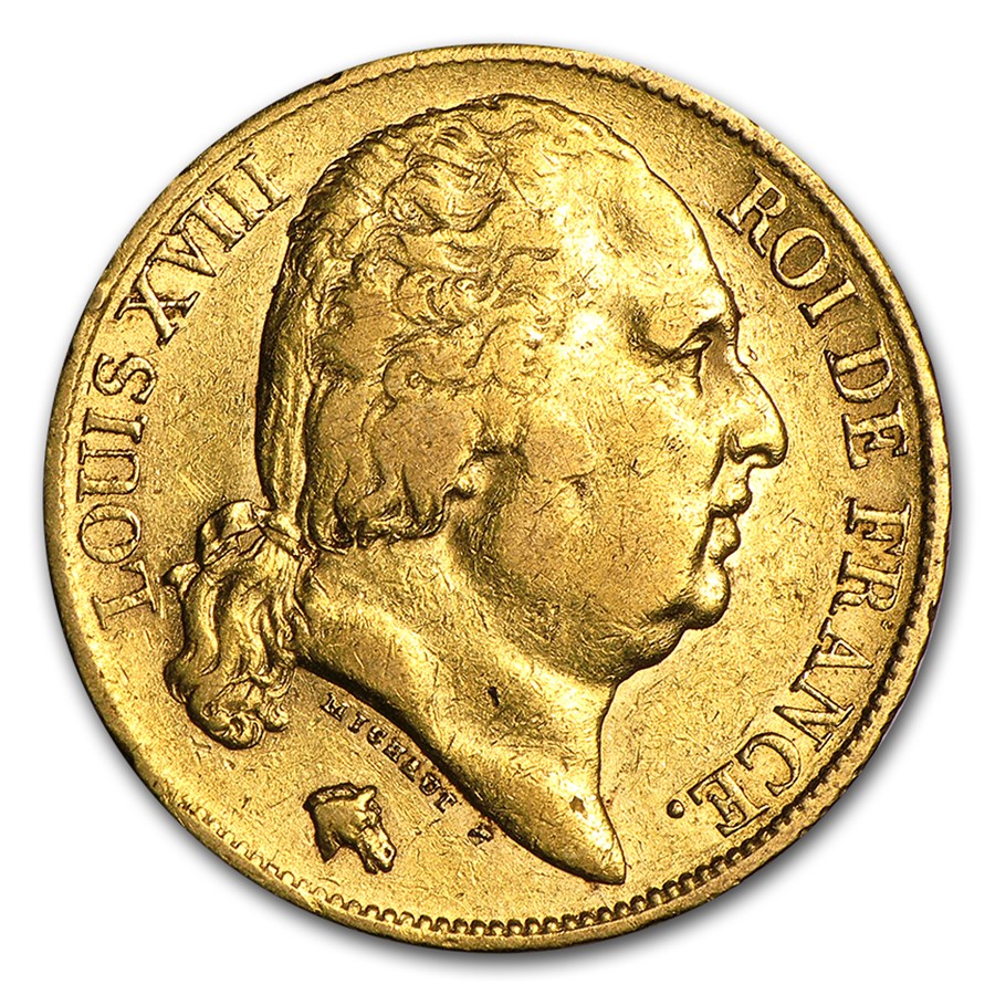 1816-1824 France Gold 20 Francs Louis XVIII AU