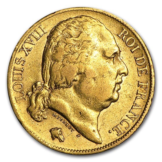 1816-1824 France Gold 20 Francs Louis XVIII AU 1816-1824 France Gold 20 Francs Louis XVIII AU