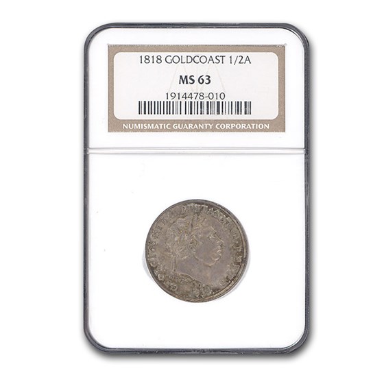 1818 Gold Coast Silver 1/2 Ackey George III MS-63 NGC