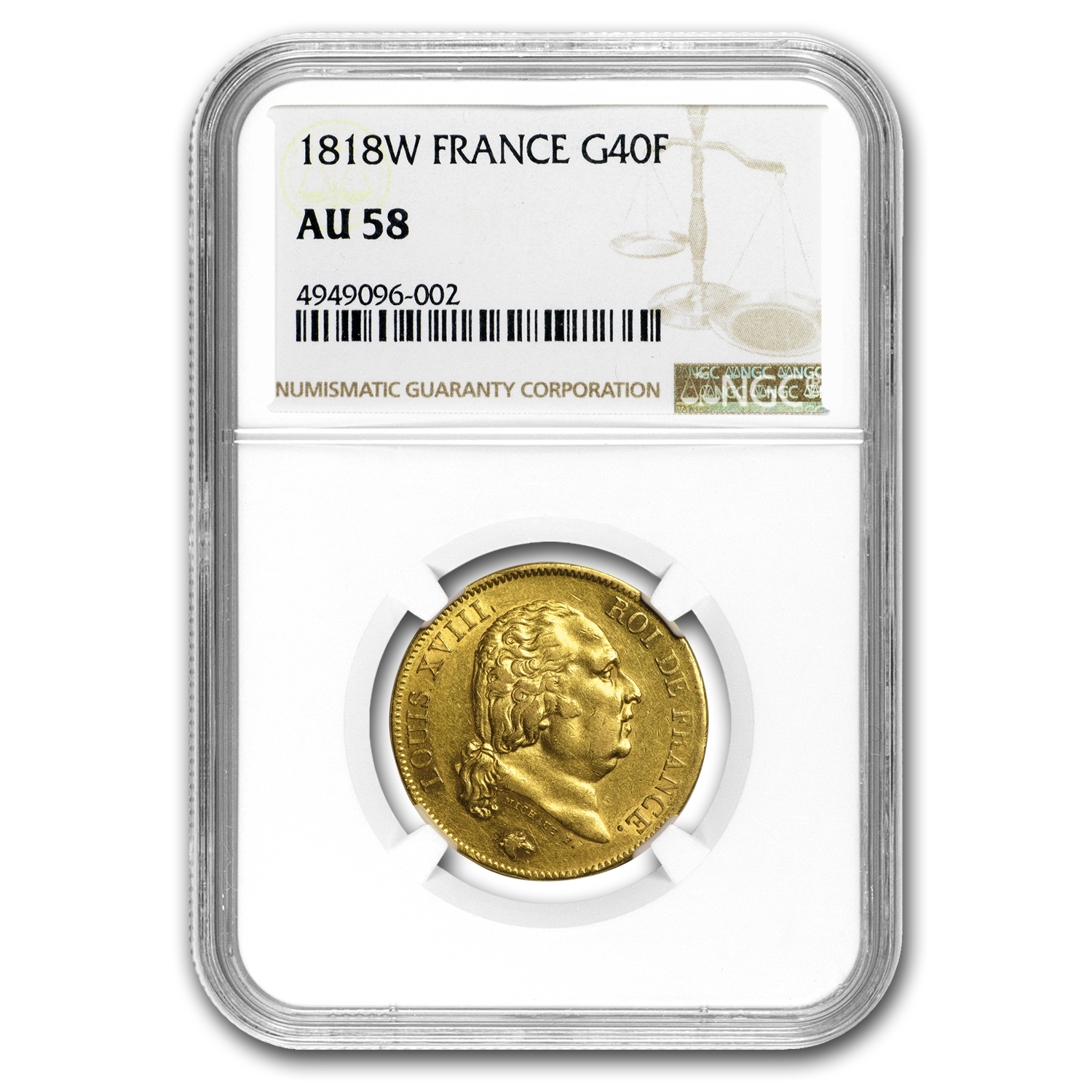 Buy 1818-W France Gold 40 Francs Louis XVIII AU-58 NGC | APMEX
