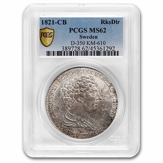 1821 CB Sweden Silver Riksdaler MS-62 PCGS 1821 CB Sweden Silver Riksdaler MS-62 PCGS