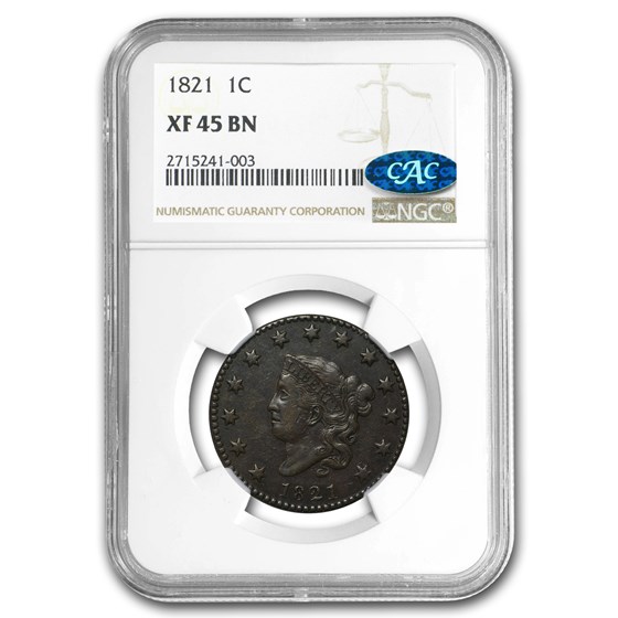 1821 Large Cent XF-45 NGC CAC (Brown) 1821 Large Cent XF-45 NGC CAC (Brown)