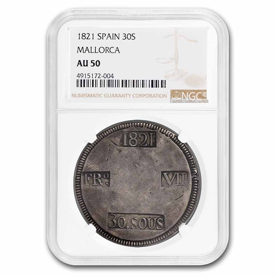 1821 Spain Kingdom of Mallorca Silver 30 Sous AU-50 NGC