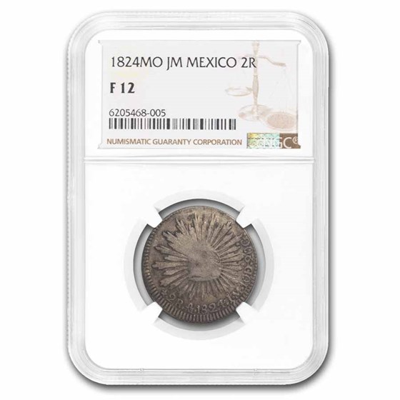 1824-Mo JM Mexico Silver 2 Reales F-12 NGC (Hookneck) 1824-Mo JM Mexico Silver 2 Reales F-12 NGC (Hookneck)