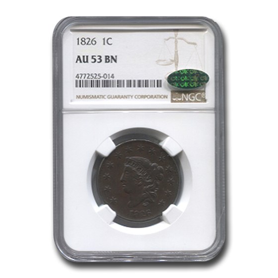 1826 Large Cent AU-53 NGC CAC (Brown) 1826 Large Cent AU-53 NGC CAC (Brown)