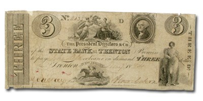 1826 State Bank @ Trenton, NJ $3.00 NJ-560, Fine 1826 State Bank @ Trenton, NJ $3.00 NJ-560, Fine