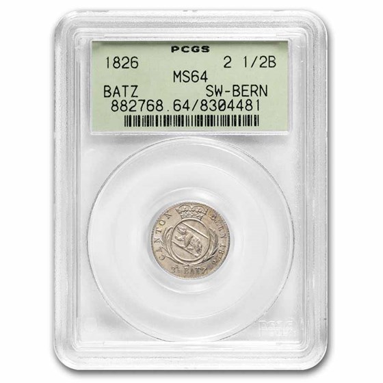 1826 Switzerland Bern Canton 2.5 Batzens MS-64 PCGS
