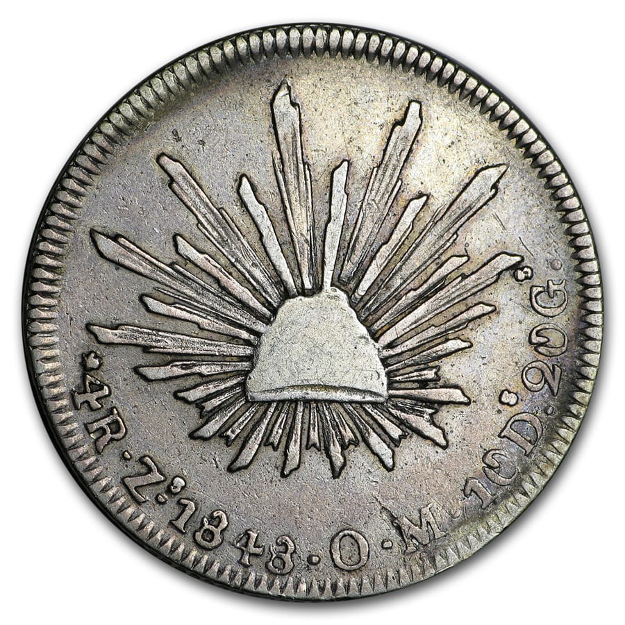1827-1870 Mexico Silver 4 Reales Cap & Rays Avg Circ