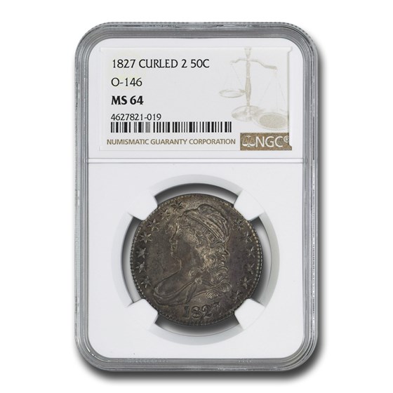 1827 Bust Half Dollar MS-64 NGC (O-146, Curled Base 2) 1827 Bust Half Dollar MS-64 NGC (O-146, Curled Base 2)