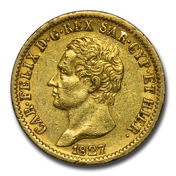 1827 Kingdom of Sardinia Gold 20 Lire Calo Felice XF 1827 Kingdom of Sardinia Gold 20 Lire Calo Felice XF