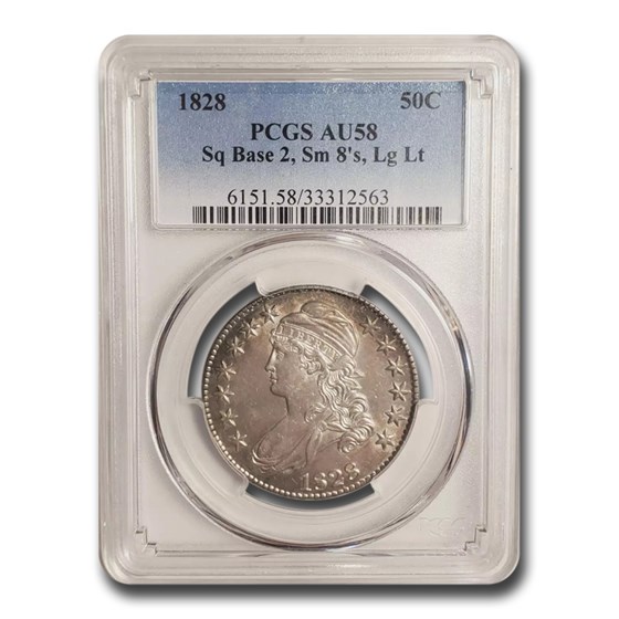 1828 Bust Half Dollar AU-58 PCGS (Sq 2, Sm 8's, Lg Ltrs) 1828 Bust Half Dollar AU-58 PCGS (Sq 2, Sm 8's, Lg Ltrs)