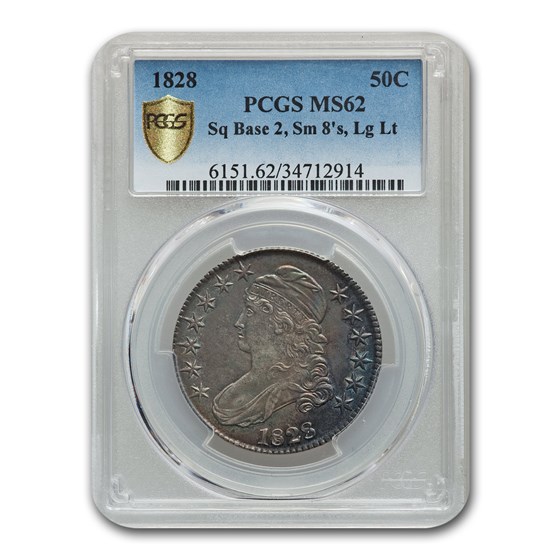 1828 Capped Bust Half Dollar MS-62 PCGS (Sq Base 2, Sm 8's Lg Lt) 1828 Capped Bust Half Dollar MS-62 PCGS (Sq Base 2, Sm 8's Lg Lt)
