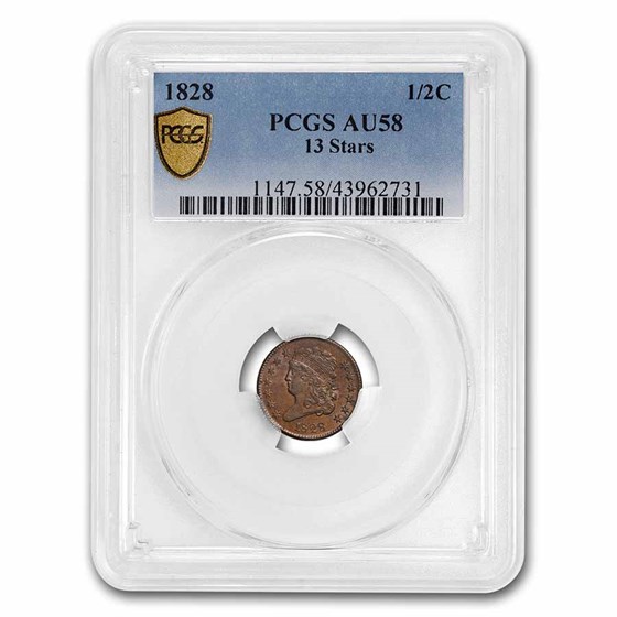1828 Half Cent 13 Stars AU-58 PCGS 1828 Half Cent 13 Stars AU-58 PCGS