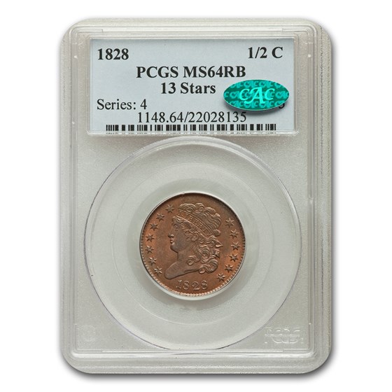 1828 Half Cent MS-64 PCGS CAC (Red/Brown, 13 Stars) 1828 Half Cent MS-64 PCGS CAC (Red/Brown, 13 Stars)