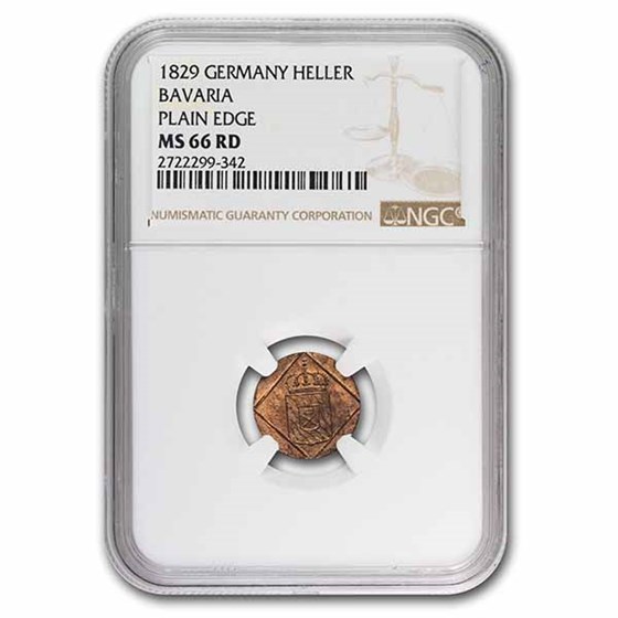 1829 German States Bavaria Copper Heller MS-66 NGC (Red) 1829 German States Bavaria Copper Heller MS-66 NGC (Red)