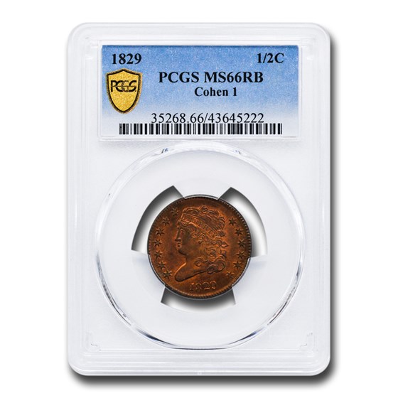 1829 Half Cent MS-66 PCGS (Red/Brown, Cohen-1) 1829 Half Cent MS-66 PCGS (Red/Brown, Cohen-1)