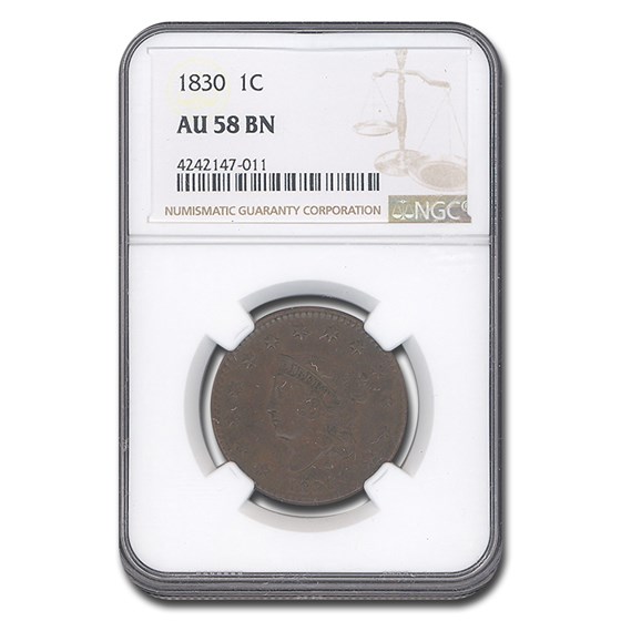 1830 Large Cent AU-58 NGC (Brown)
