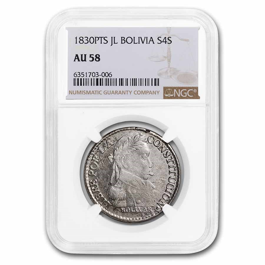 1830-PTS FJ Bolivia Silver 4 Soles Bolivar AU-58 NGC
