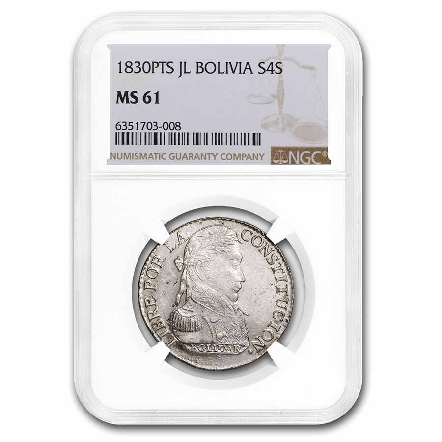 1830-PTS FJ Bolivia Silver 4 Soles Bolivar MS-61 NGC