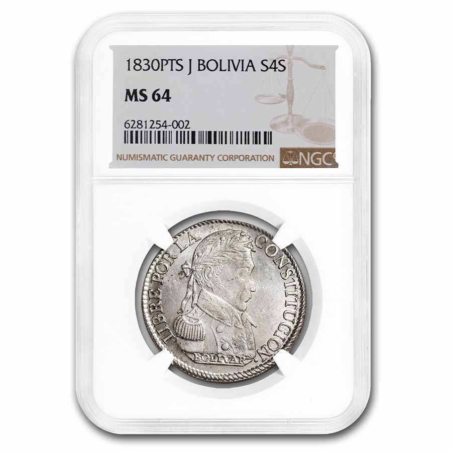 1830-PTS FJ Bolivia Silver 4 Soles Bolivar MS-64 NGC